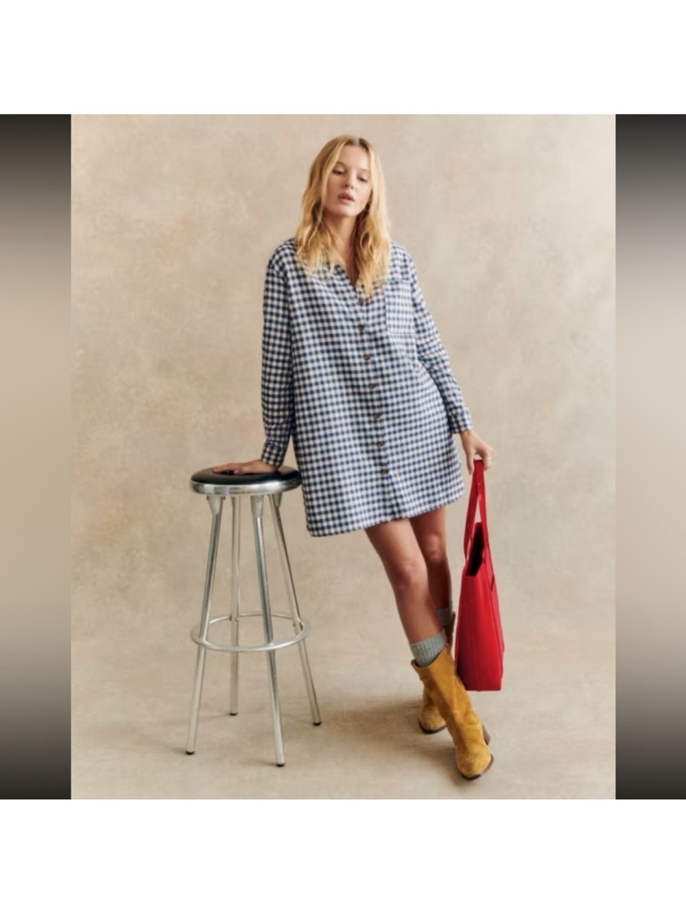 Sézane Wool Blue Gingham Mini Shirt Dress